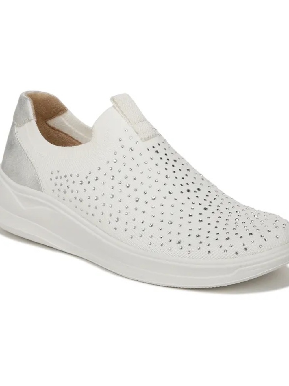Bzees White Slip-On Knit Sneaker with Silver Crystal Accents